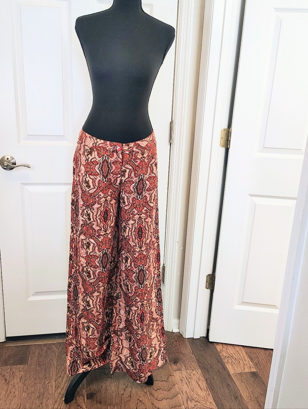 Vintage 90s H&M Silk Wide-Leg Red Orange Paisley Pants Size 8 Retro Boho Indie
